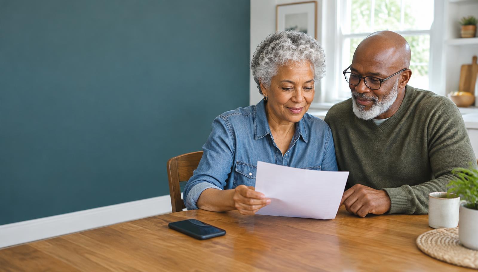 An older couple reviewing a letter at home